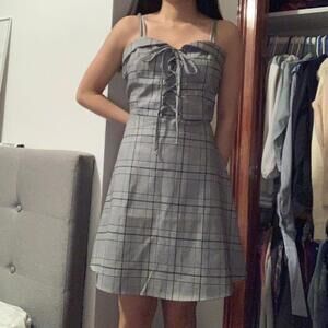 Grey Plaid Jirai Kei Style Lace Up Dress